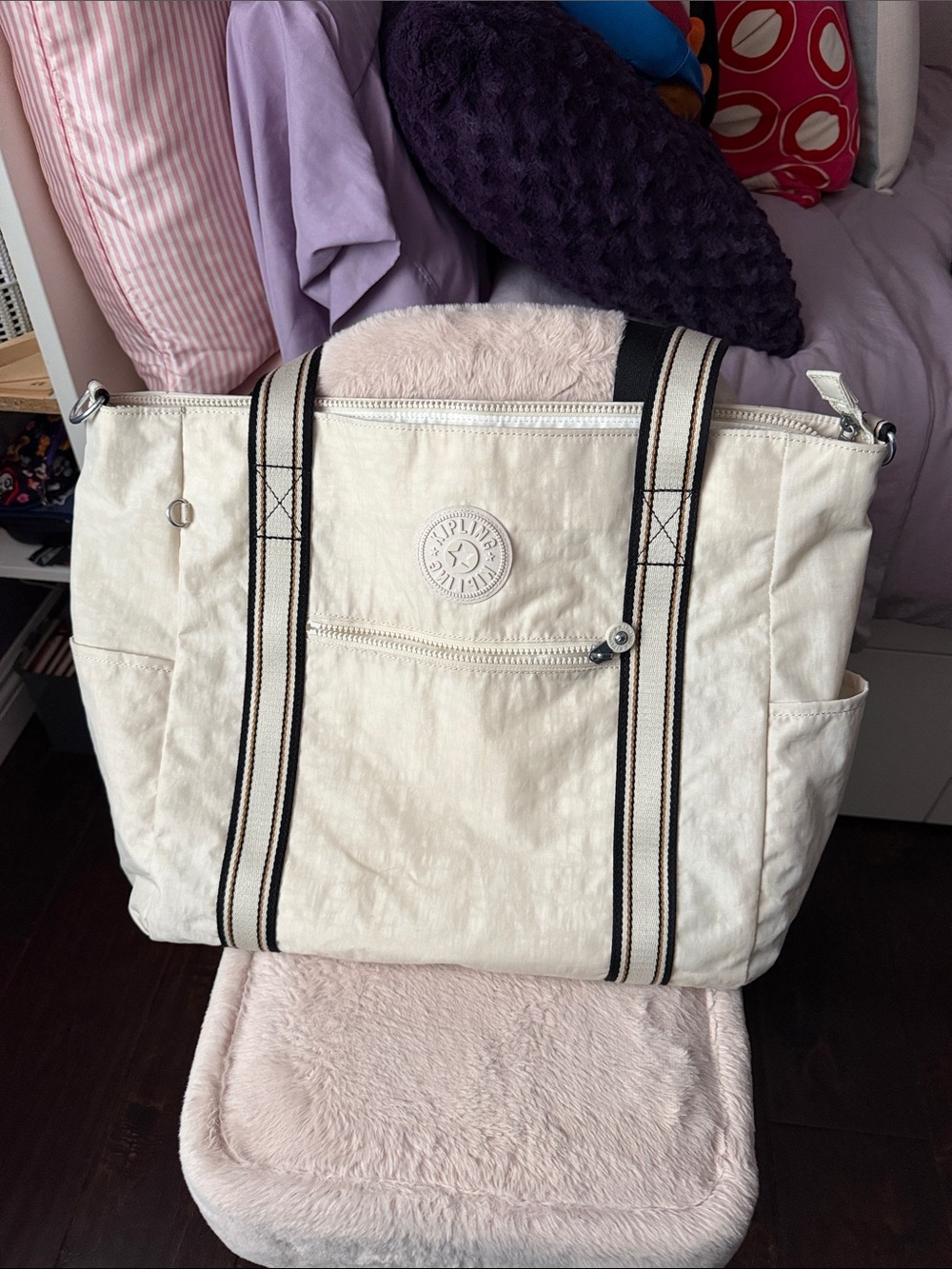 Kipling Cream Tote with Black-Trim Striped Handles
